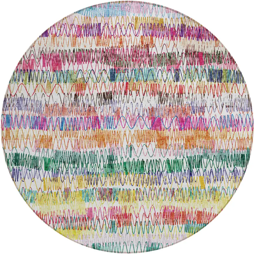 8' Green Ivory And Purple Round Striped Washable Indoor Outdoor Area Rug Photo 2