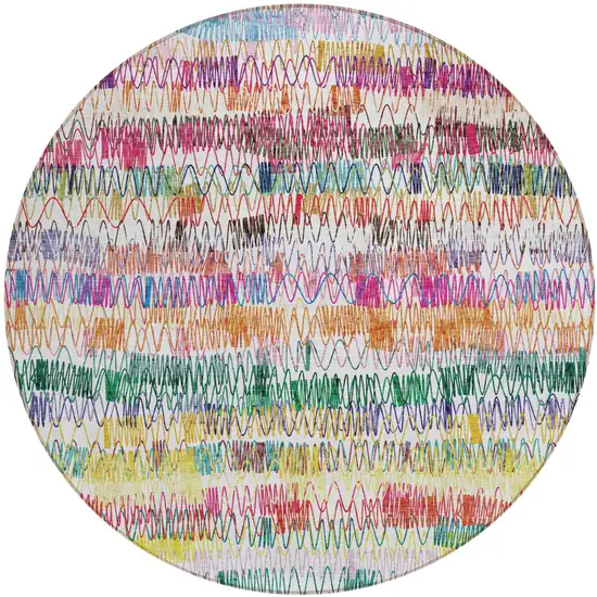 8' Green Ivory And Purple Round Striped Washable Indoor Outdoor Area Rug Photo 2
