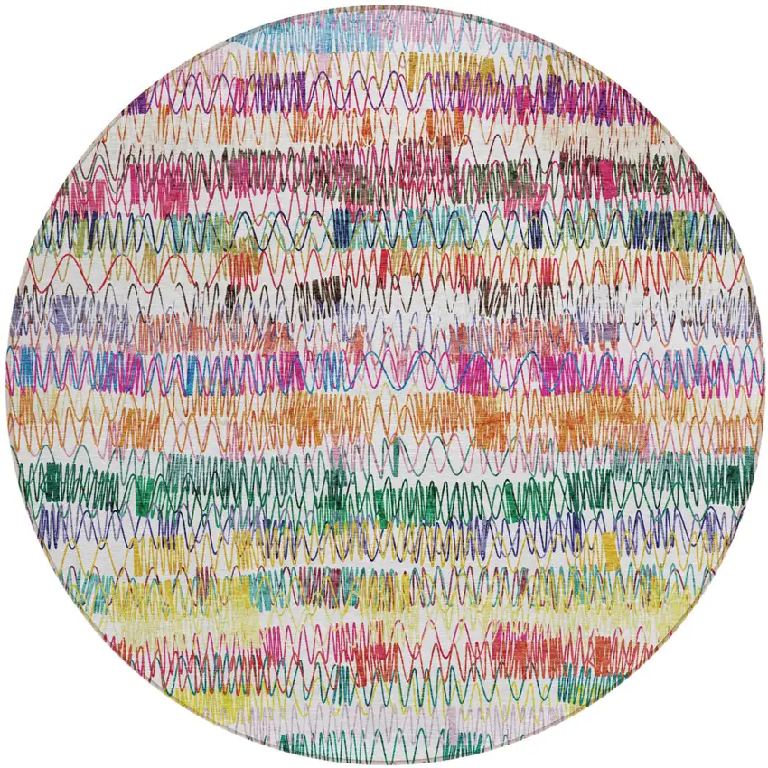 8' Green Ivory And Purple Round Striped Washable Indoor Outdoor Area Rug Photo 2