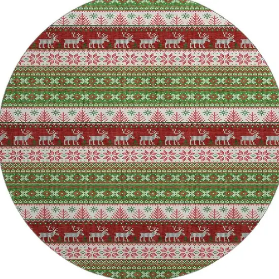 8' Green Ivory And Red Abstract Geometric Washable Round Rug With UV Protection Photo 4