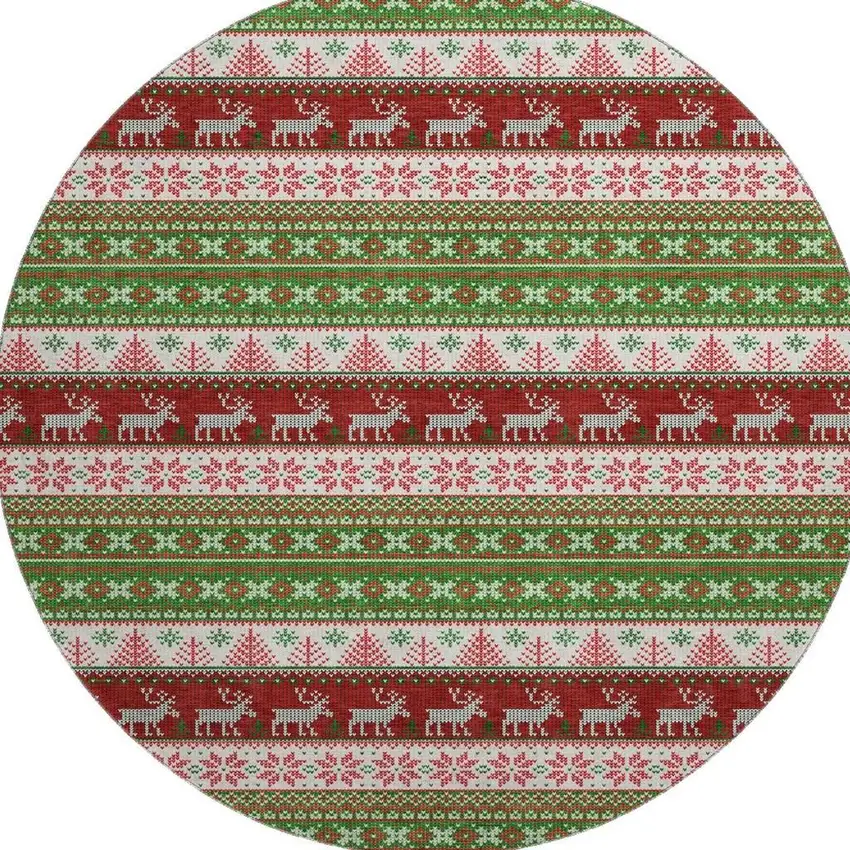 8' Green Ivory And Red Abstract Geometric Washable Round Rug With UV Protection Photo 4