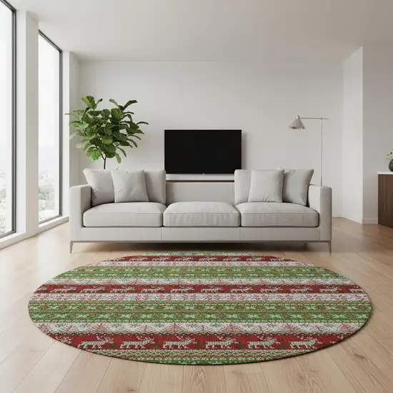 8' Green Ivory And Red Abstract Geometric Washable Round Rug With UV Protection Photo 2