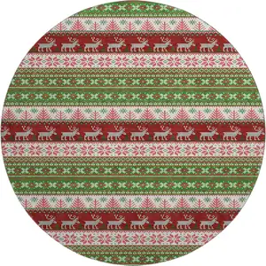 Photo of 8' Green Ivory And Red Abstract Geometric Washable Round Rug With UV Protection