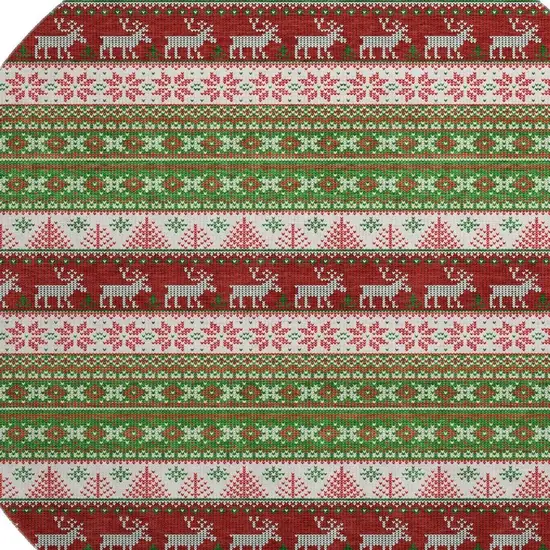 8' Green Ivory And Red Abstract Geometric Washable Round Rug With UV Protection Photo 3