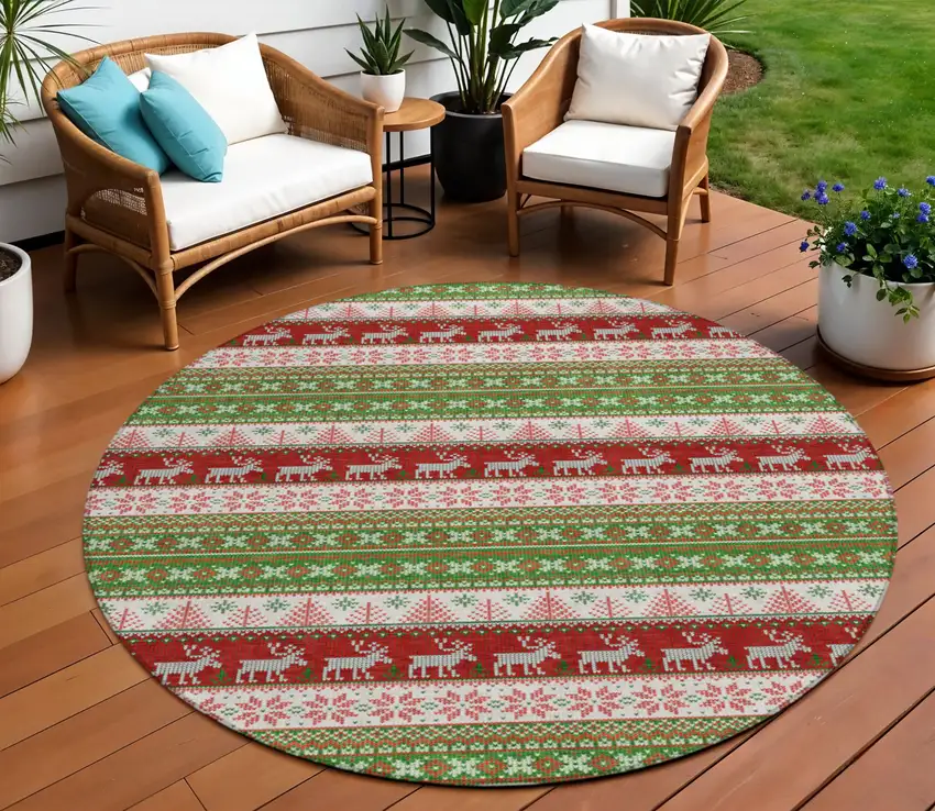 8' Green Ivory And Red Round Animal Print Washable Indoor Outdoor Area Rug Photo 2