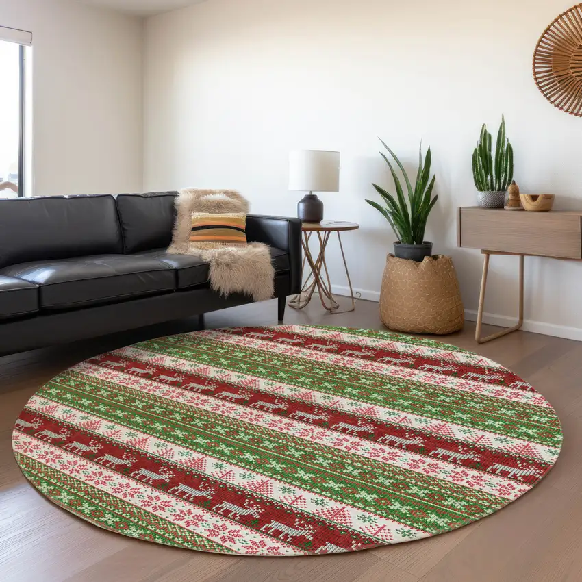 8' Green Ivory And Red Round Animal Print Washable Indoor Outdoor Area Rug Photo 6