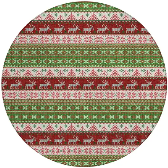 8' Green Ivory And Red Round Animal Print Washable Indoor Outdoor Area Rug Photo 3