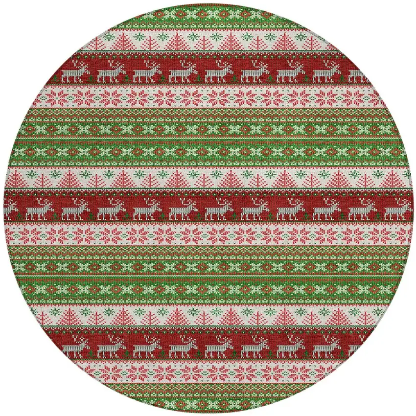 8' Green Ivory And Red Round Animal Print Washable Indoor Outdoor Area Rug Photo 3