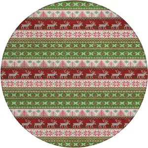 Photo of 8' Green Ivory And Red Round Animal Print Washable Indoor Outdoor Area Rug