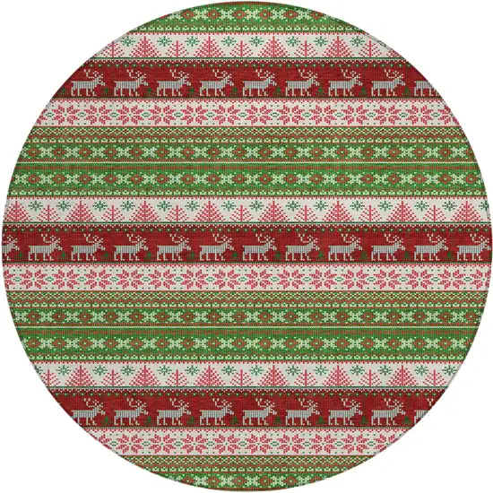 8' Green Ivory And Red Round Animal Print Washable Indoor Outdoor Area Rug Photo 1
