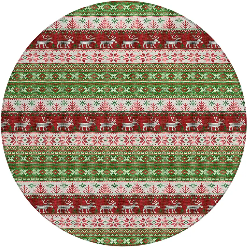 8' Green Ivory And Red Round Animal Print Washable Indoor Outdoor Area Rug Photo 1