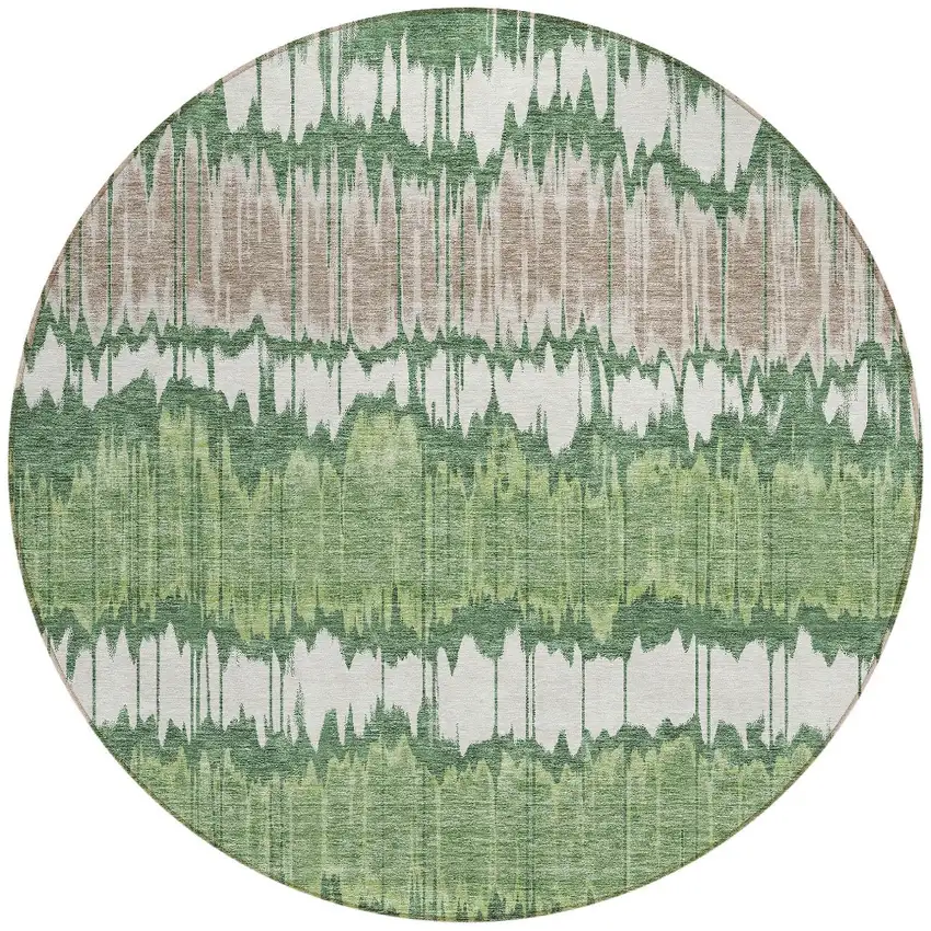 8' Green Ivory And Taupe Round Striped Washable Indoor Outdoor Area Rug Photo 5