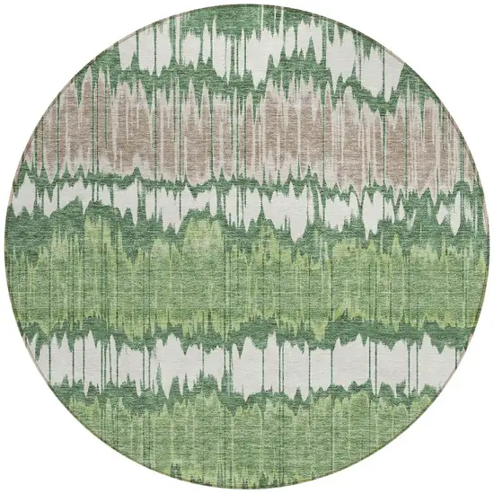 8' Green Ivory And Taupe Round Striped Washable Indoor Outdoor Area Rug Photo 5