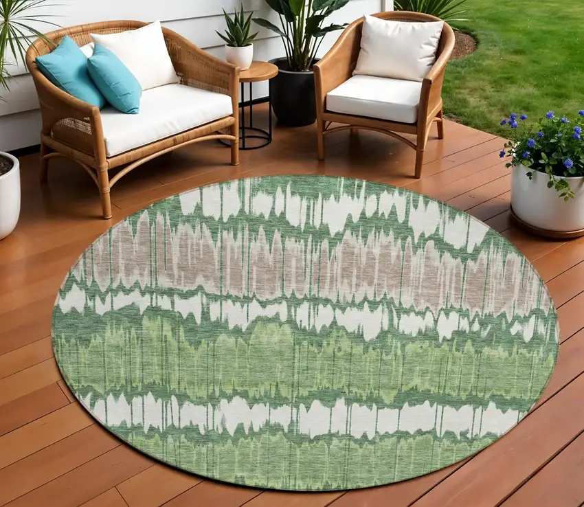 8' Green Ivory And Taupe Round Striped Washable Indoor Outdoor Area Rug Photo 1