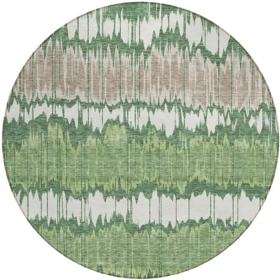 8' Green Ivory And Taupe Round Striped Washable Indoor Outdoor Area Rug Photo 1
