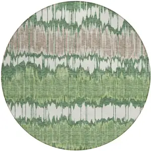 Photo of 8' Green Ivory And Taupe Round Striped Washable Indoor Outdoor Area Rug