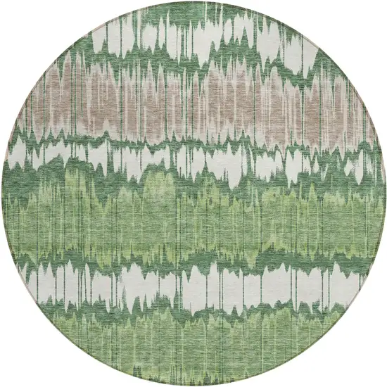 8' Green Ivory And Taupe Round Striped Washable Indoor Outdoor Area Rug Photo 1