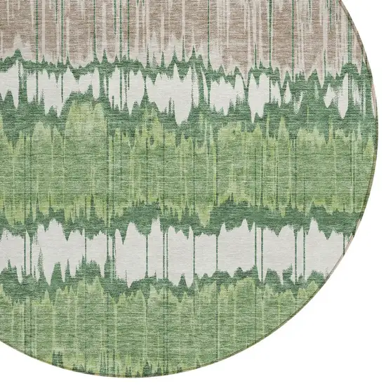 8' Green Ivory And Taupe Round Striped Washable Indoor Outdoor Area Rug Photo 4