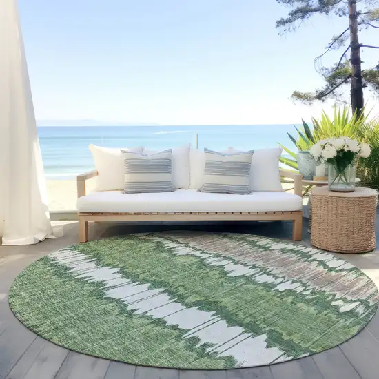 8' Green Ivory And Taupe Round Striped Washable Indoor Outdoor Area Rug Photo 6
