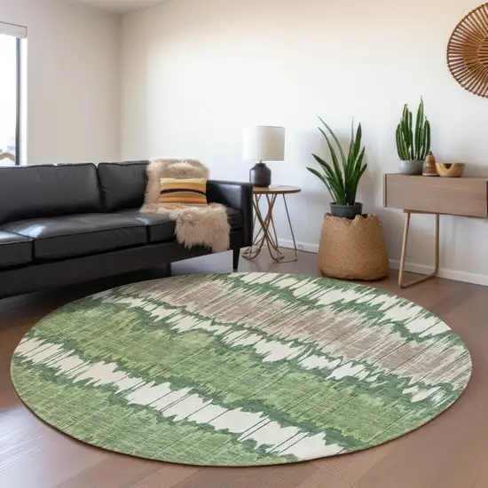 8' Green Ivory And Taupe Round Striped Washable Indoor Outdoor Area Rug Photo 8