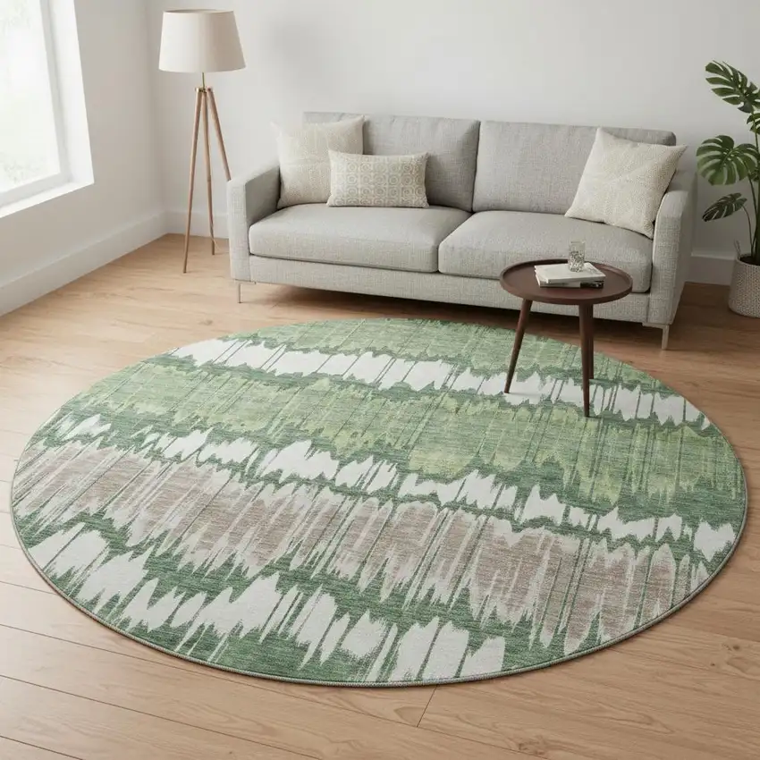 8' Green Ivory And Taupe Striped Washable Round Rug With UV Protection Photo 2