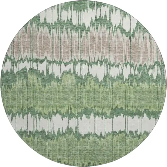 8' Green Ivory And Taupe Striped Washable Round Rug With UV Protection Photo 1