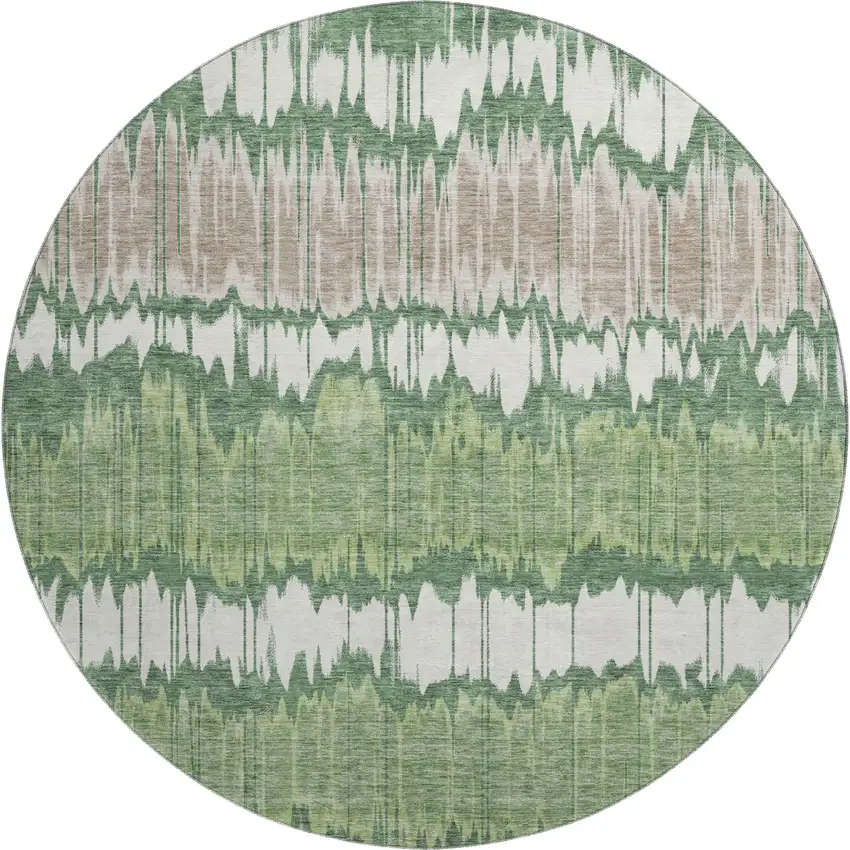 8' Green Ivory And Taupe Striped Washable Round Rug With UV Protection Photo 1