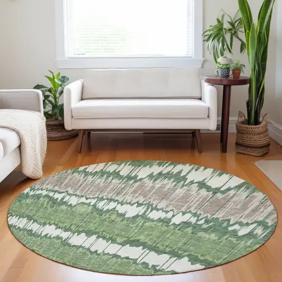 8' Green Ivory And Taupe Striped Washable Round Rug With UV Protection Photo 5