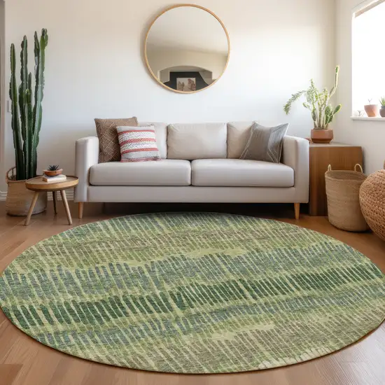 8' Green Ivory And Taupe Striped Washable Round Rug With UV Protection Photo 5
