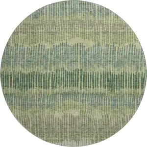 Photo of 8' Green Ivory And Taupe Striped Washable Round Rug With UV Protection