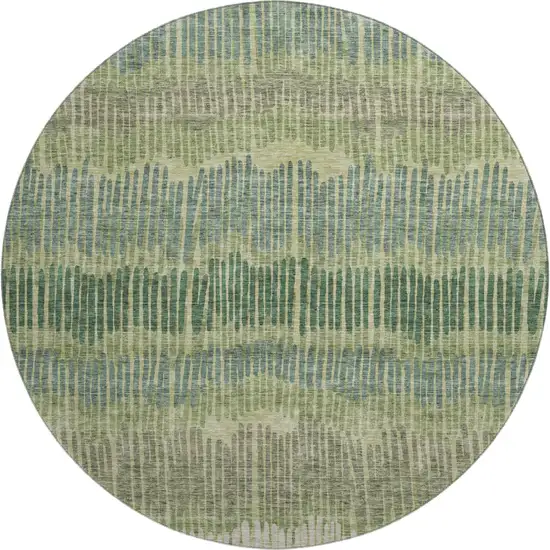 8' Green Ivory And Taupe Striped Washable Round Rug With UV Protection Photo 1