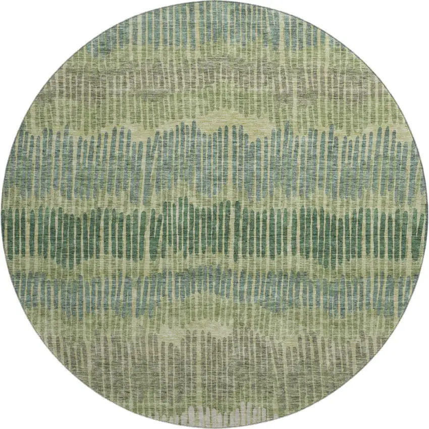 8' Green Ivory And Taupe Striped Washable Round Rug With UV Protection Photo 1