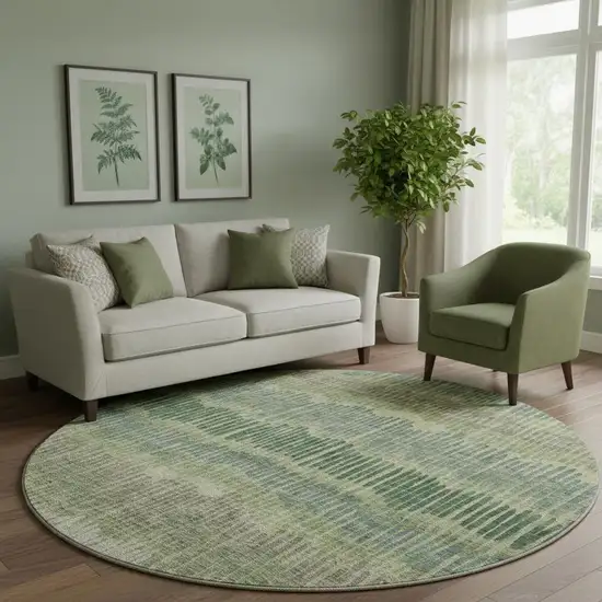 8' Green Ivory And Taupe Striped Washable Round Rug With UV Protection Photo 1