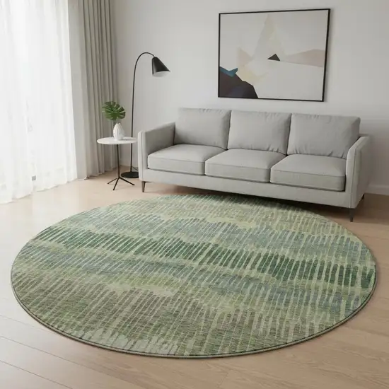 8' Green Ivory And Taupe Striped Washable Round Rug With UV Protection Photo 2
