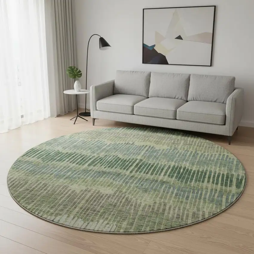8' Green Ivory And Taupe Striped Washable Round Rug With UV Protection Photo 2