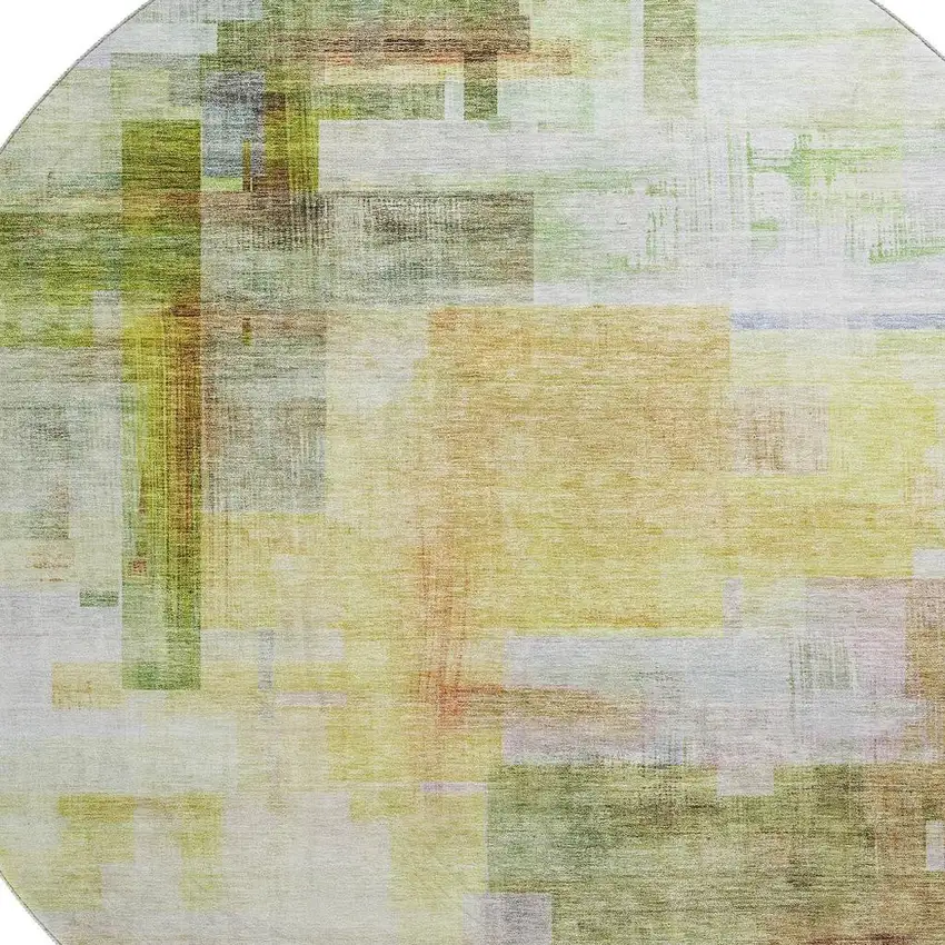 8' Green Ivory Gold And Purple Abstract Geometric Washable Round Rug With UV Protection Photo 2