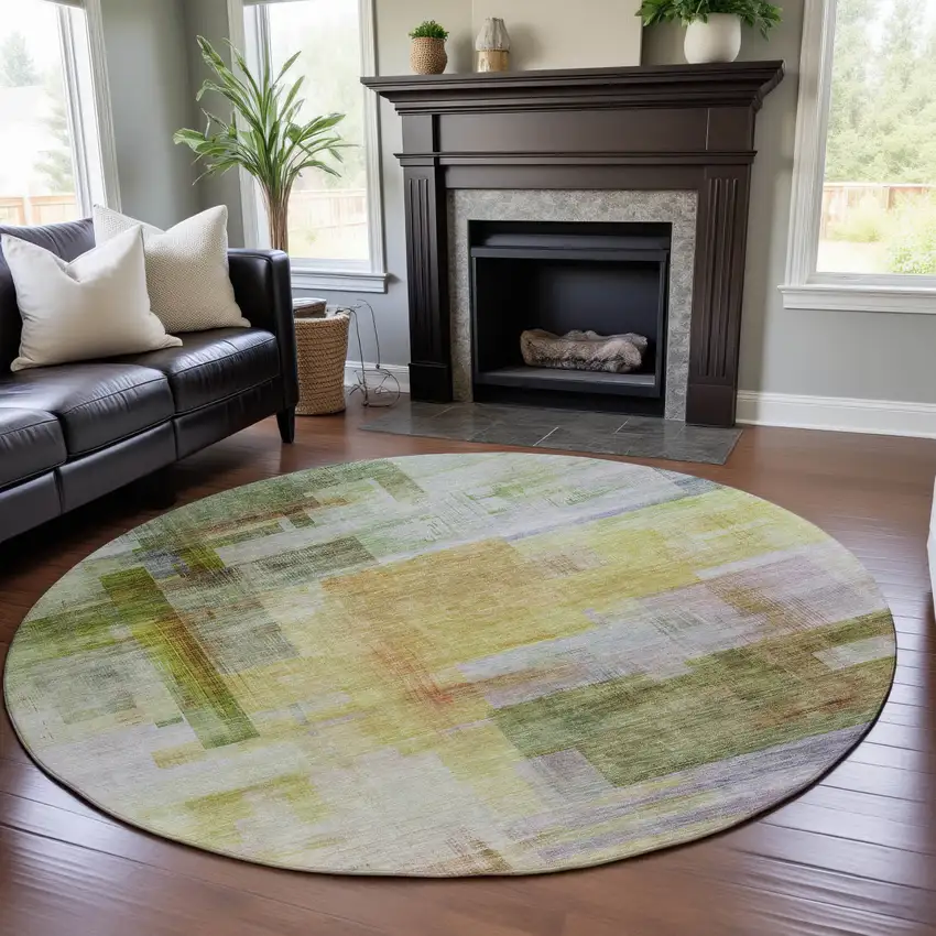 8' Green Ivory Gold And Purple Abstract Geometric Washable Round Rug With UV Protection Photo 4