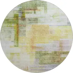 Photo of 8' Green Ivory Gold And Purple Abstract Geometric Washable Round Rug With UV Protection