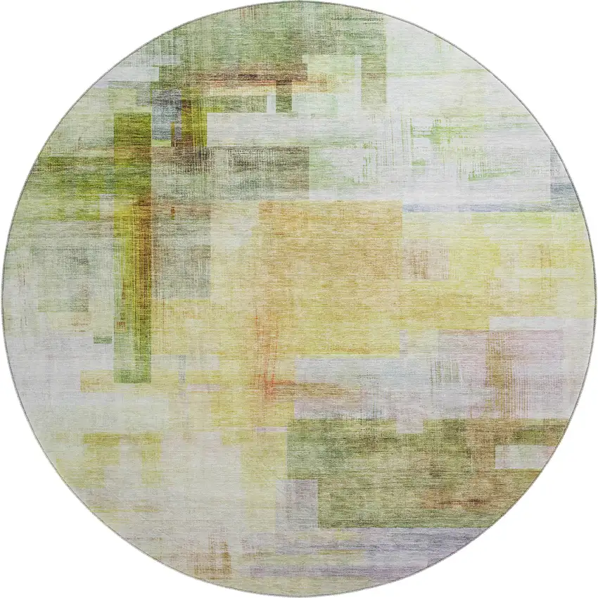 8' Green Ivory Gold And Purple Abstract Geometric Washable Round Rug With UV Protection Photo 1