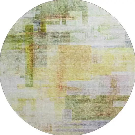 8' Green Ivory Gold And Purple Abstract Geometric Washable Round Rug With UV Protection Photo 4