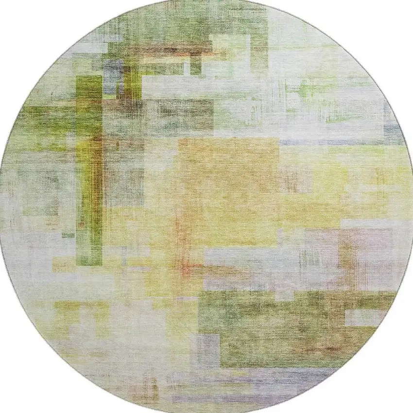 8' Green Ivory Gold And Purple Abstract Geometric Washable Round Rug With UV Protection Photo 4