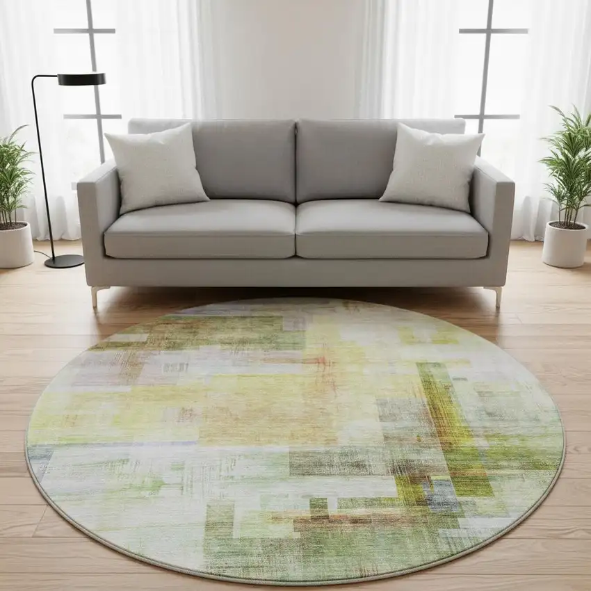 8' Green Ivory Gold And Purple Abstract Geometric Washable Round Rug With UV Protection Photo 2