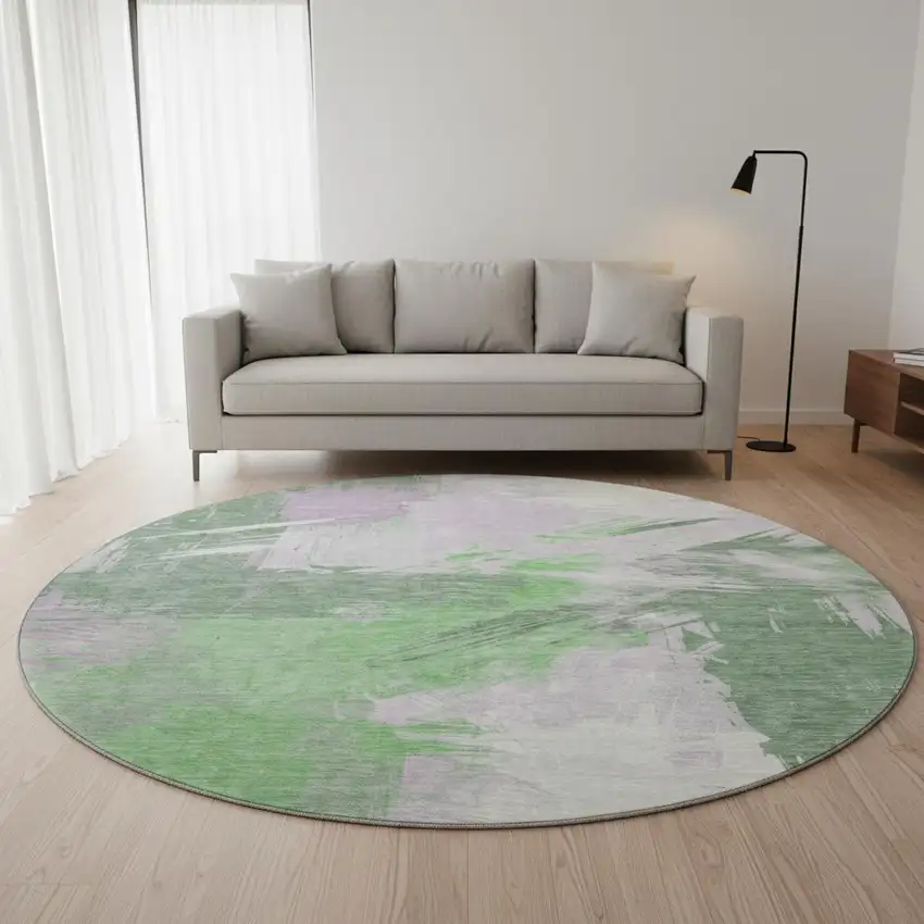 8' Green Lavender And Ivory Abstract Washable Round Rug With UV Protection Photo 2