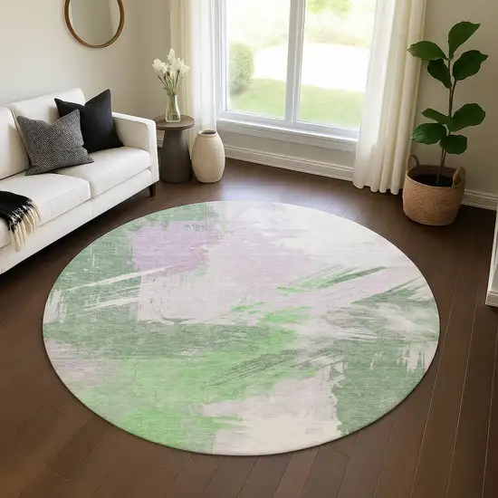 8' Green Lavender And Ivory Abstract Washable Round Rug With UV Protection Photo 4