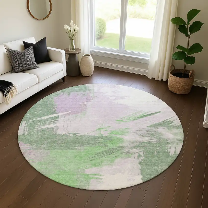 8' Green Lavender And Ivory Abstract Washable Round Rug With UV Protection Photo 4