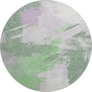 Photo of 8' Green Lavender And Ivory Abstract Washable Round Rug With UV Protection