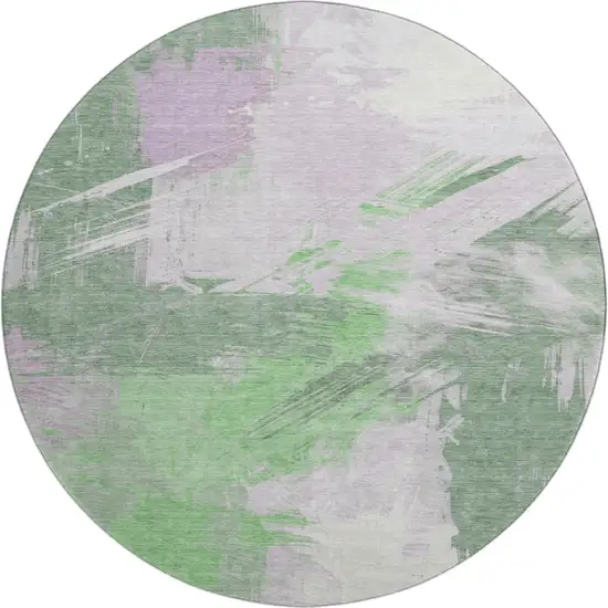 8' Green Lavender And Ivory Abstract Washable Round Rug With UV Protection Photo 1