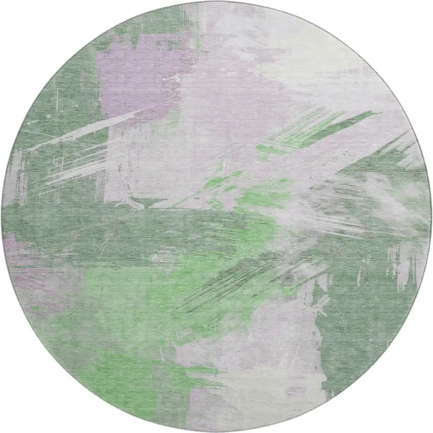 8' Green Lavender And Ivory Abstract Washable Round Rug With UV Protection Photo 1