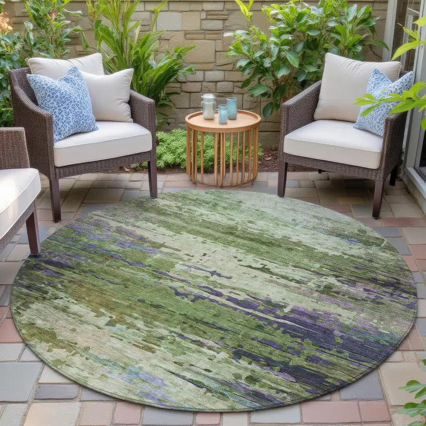 8' Green Lavender And Purple Round Abstract Washable Indoor Outdoor Area Rug Photo 5