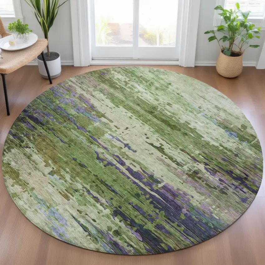 8' Green Lavender And Purple Round Abstract Washable Indoor Outdoor Area Rug Photo 6